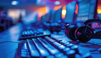 VoIP headsets next to a keyboard.