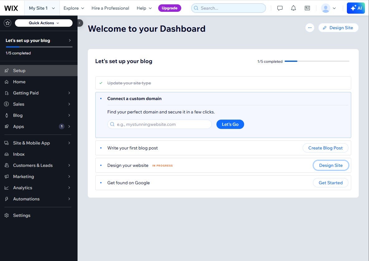 Wix website builder dashboard