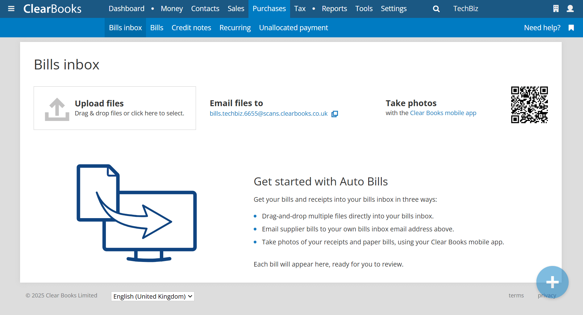 Clear Books has a bills inbox for tracking all bills in a central location.