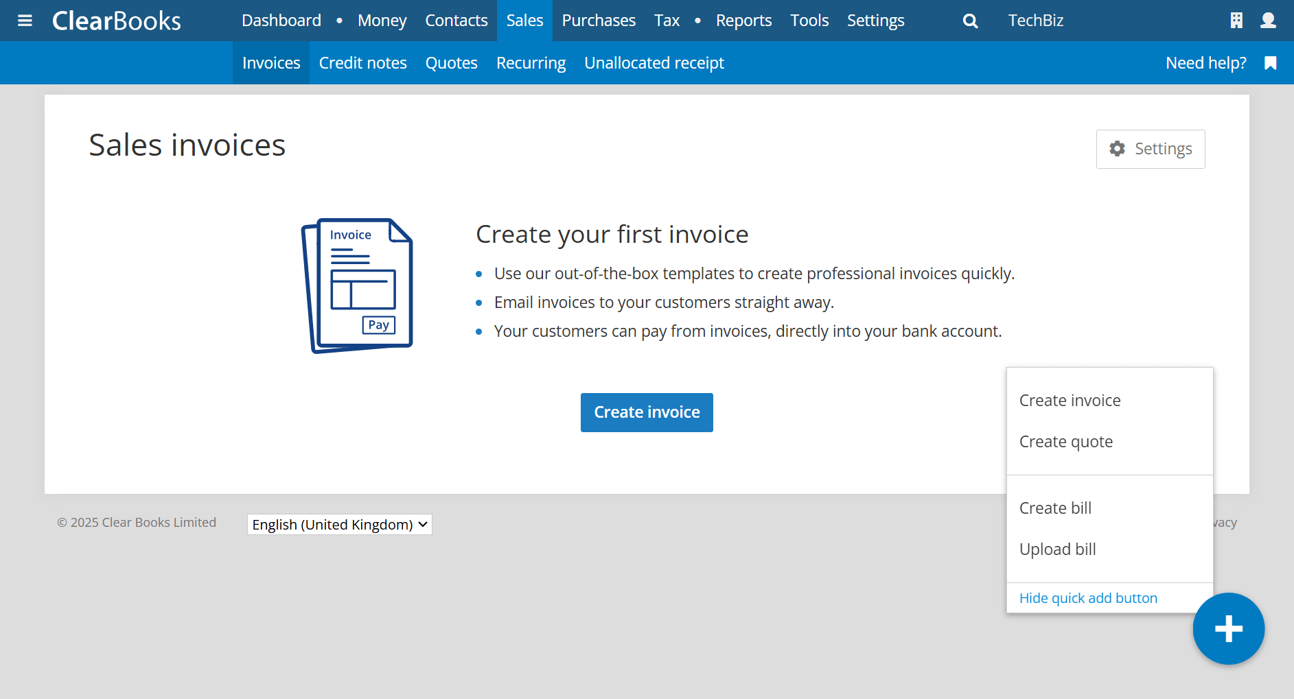 Clear Books has a "quick add" button for fast sales invoice creation.