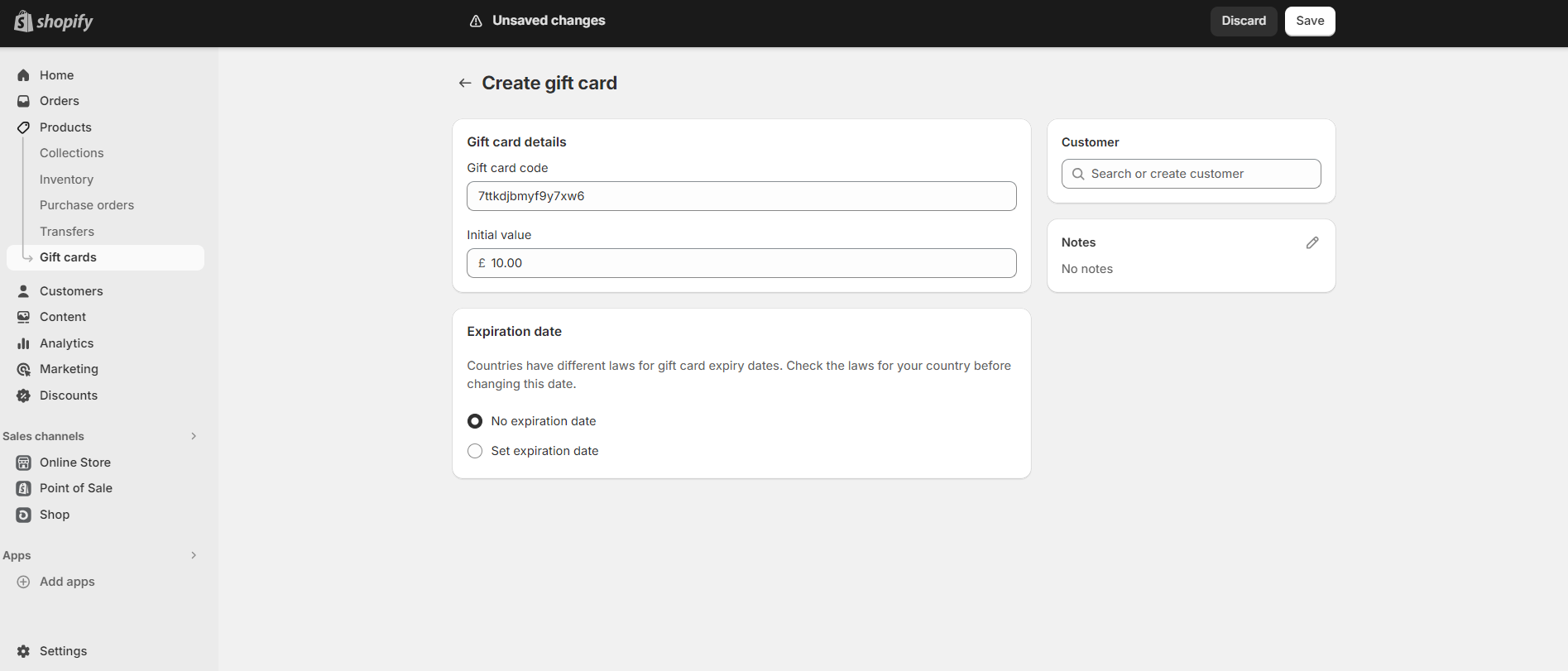 Generating a gift card with Shopify. Image: Tech.co testing