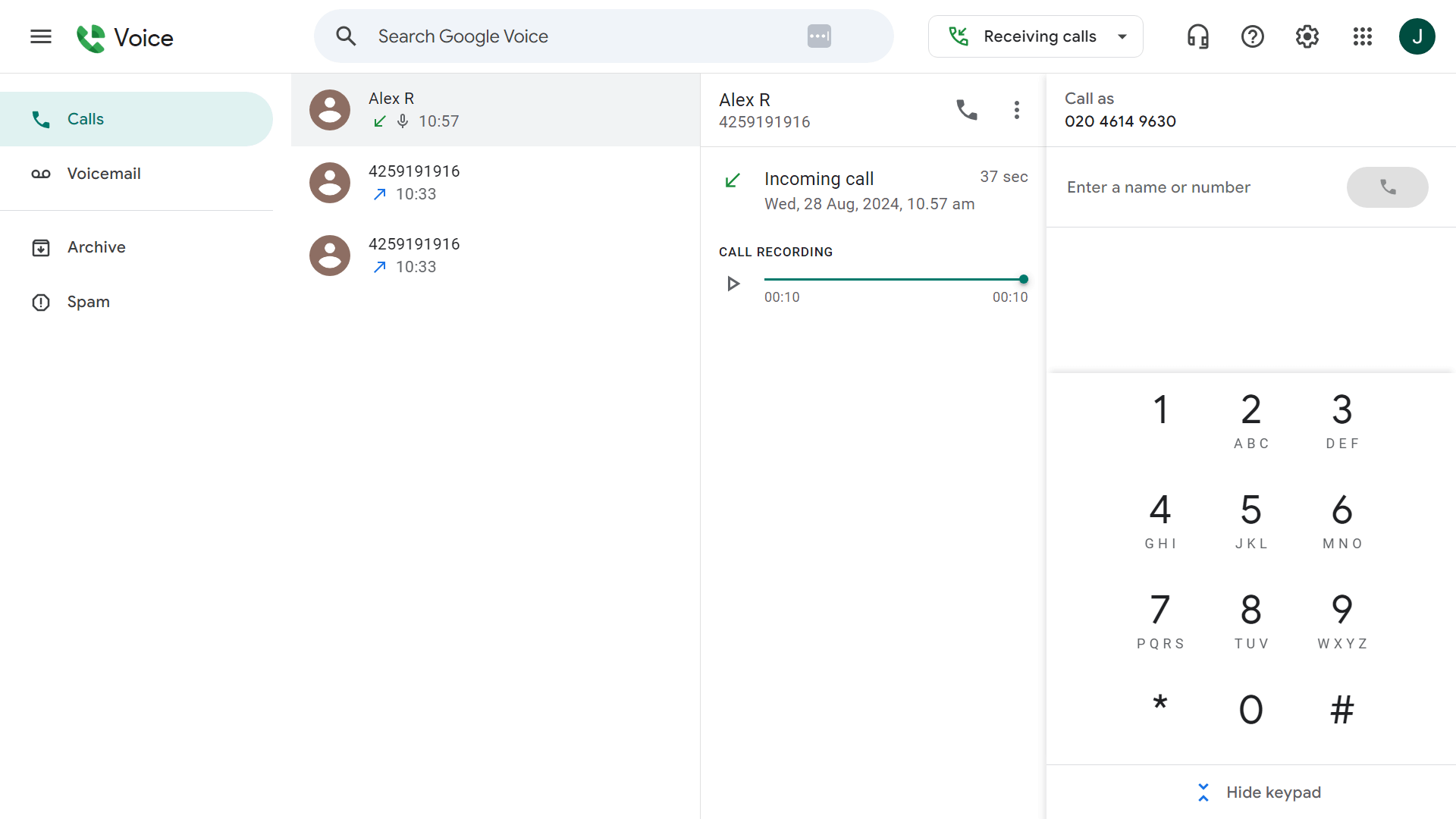 Google Voice call recording