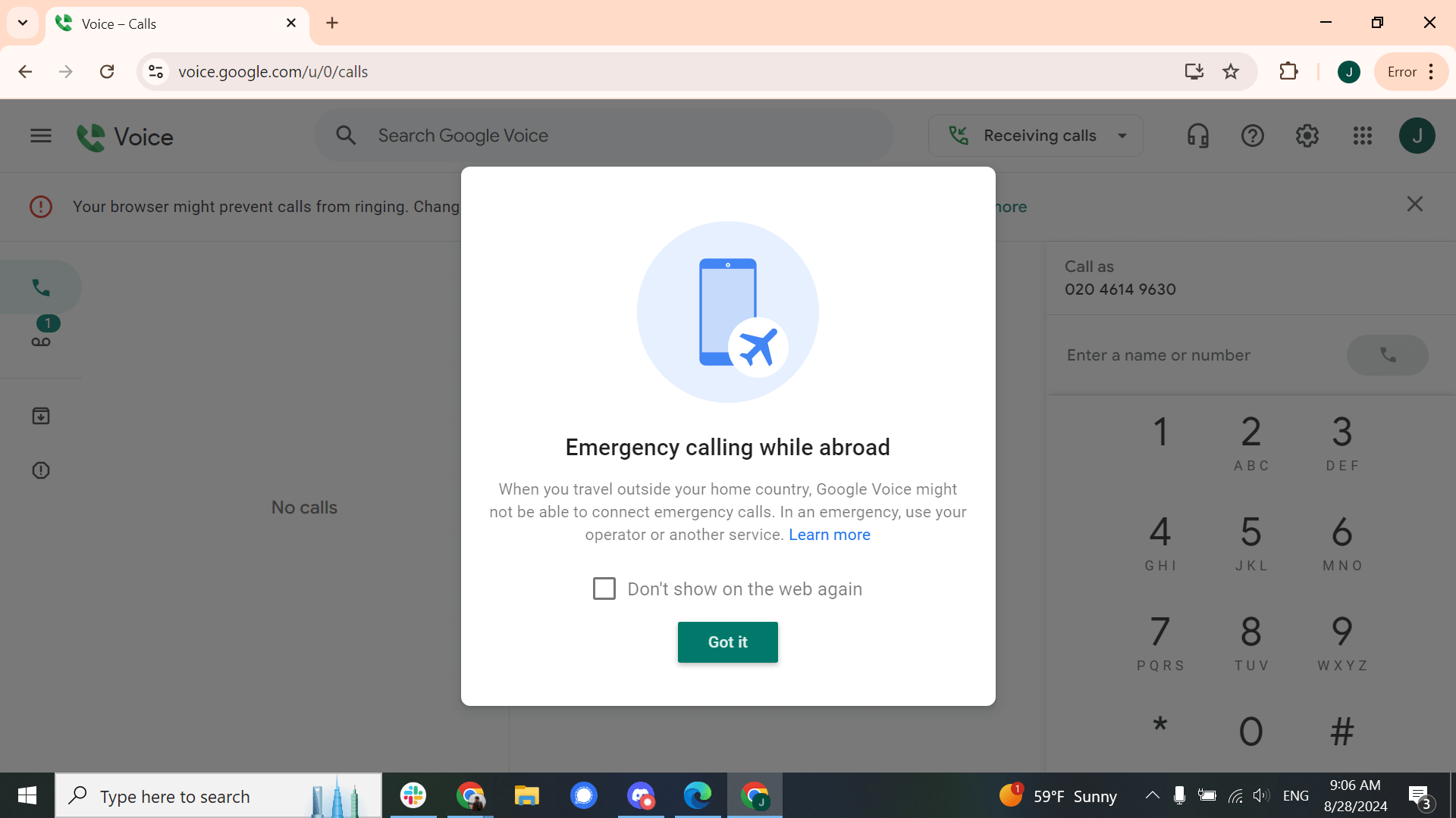 Google Voice advices you against making emergency calls with the service when you're abroad