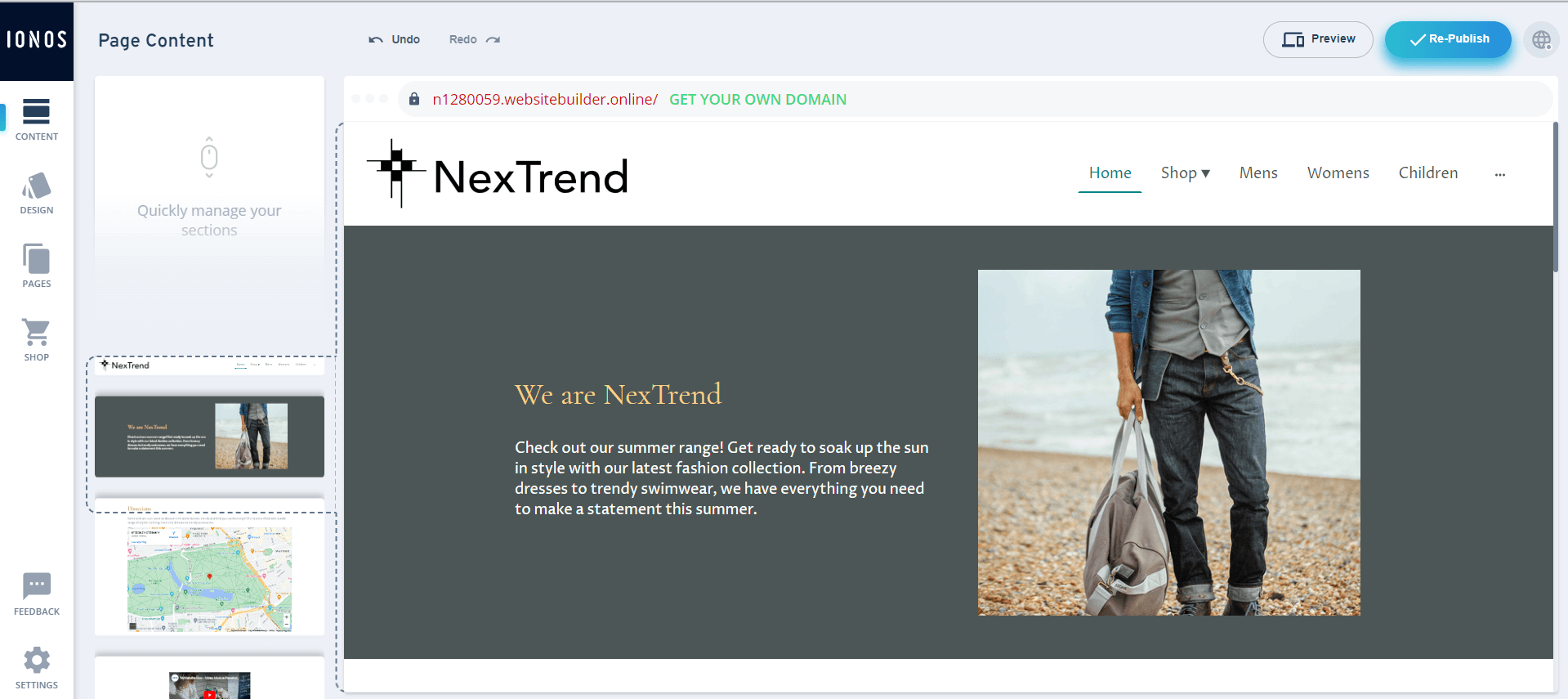 The IONOS website builder provides simple tools for creating your site. Source: Tech.co testing