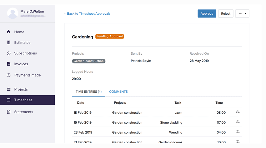Zoho Invoice lets you track work hours accurately with its Time Tracker. Source: Zoho Invoice