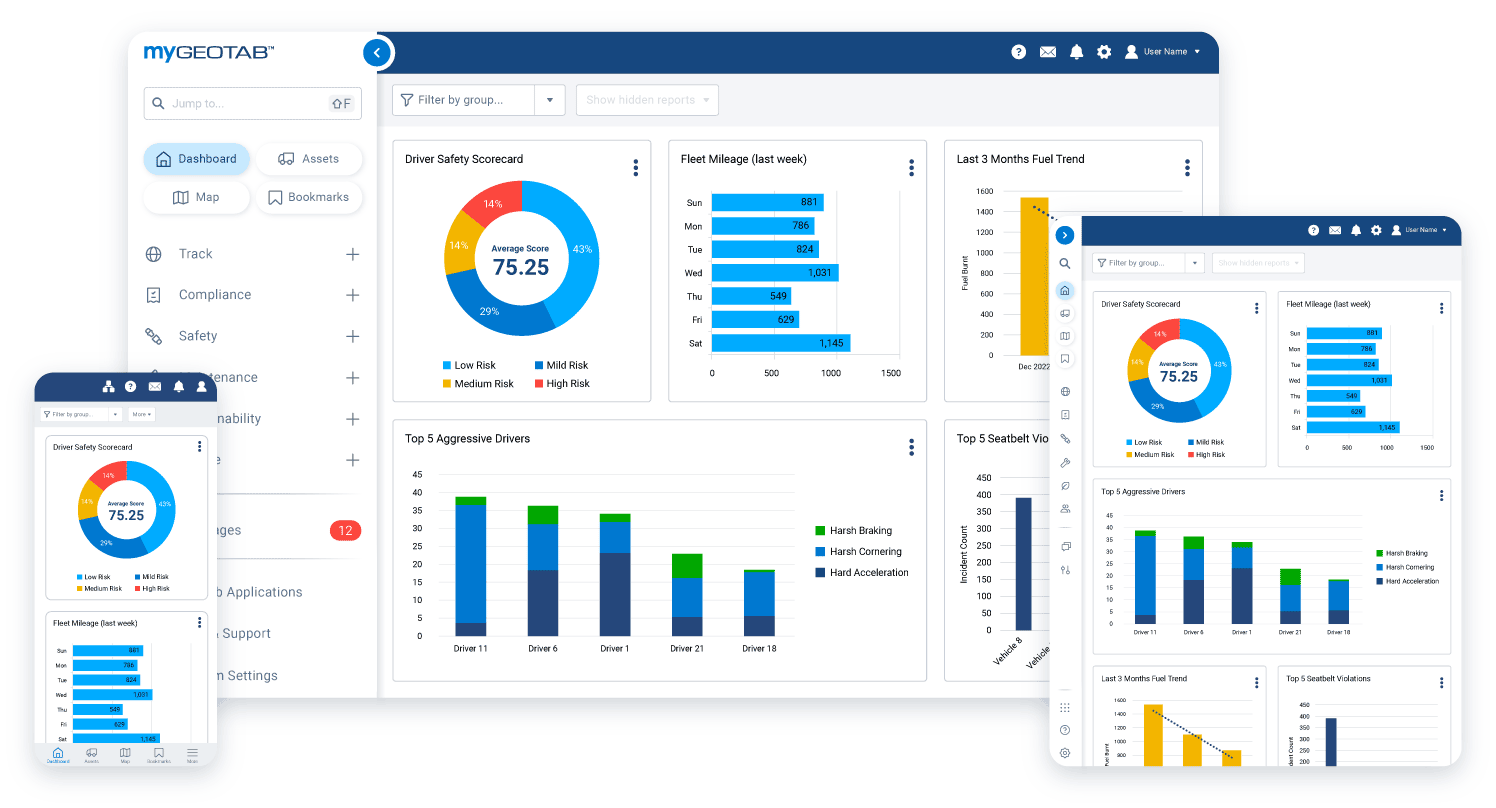 The myGeotab dashboard on desktop and mobile