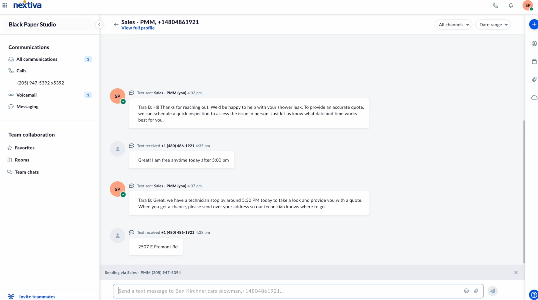 Nextiva Communication Channels. Source: Nextiva demo