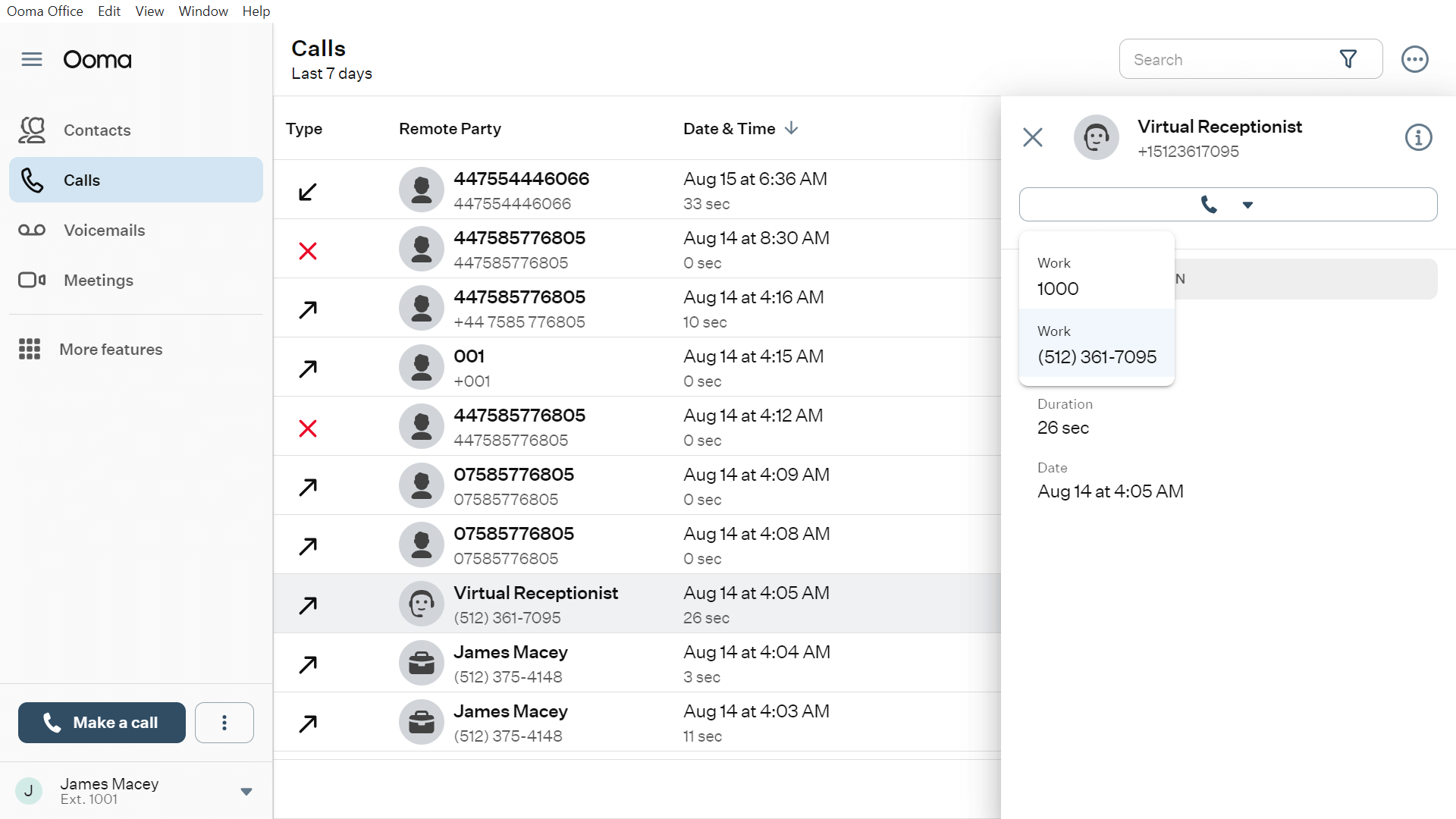 The call log extension in Ooma Office. Source: Tech.co testing