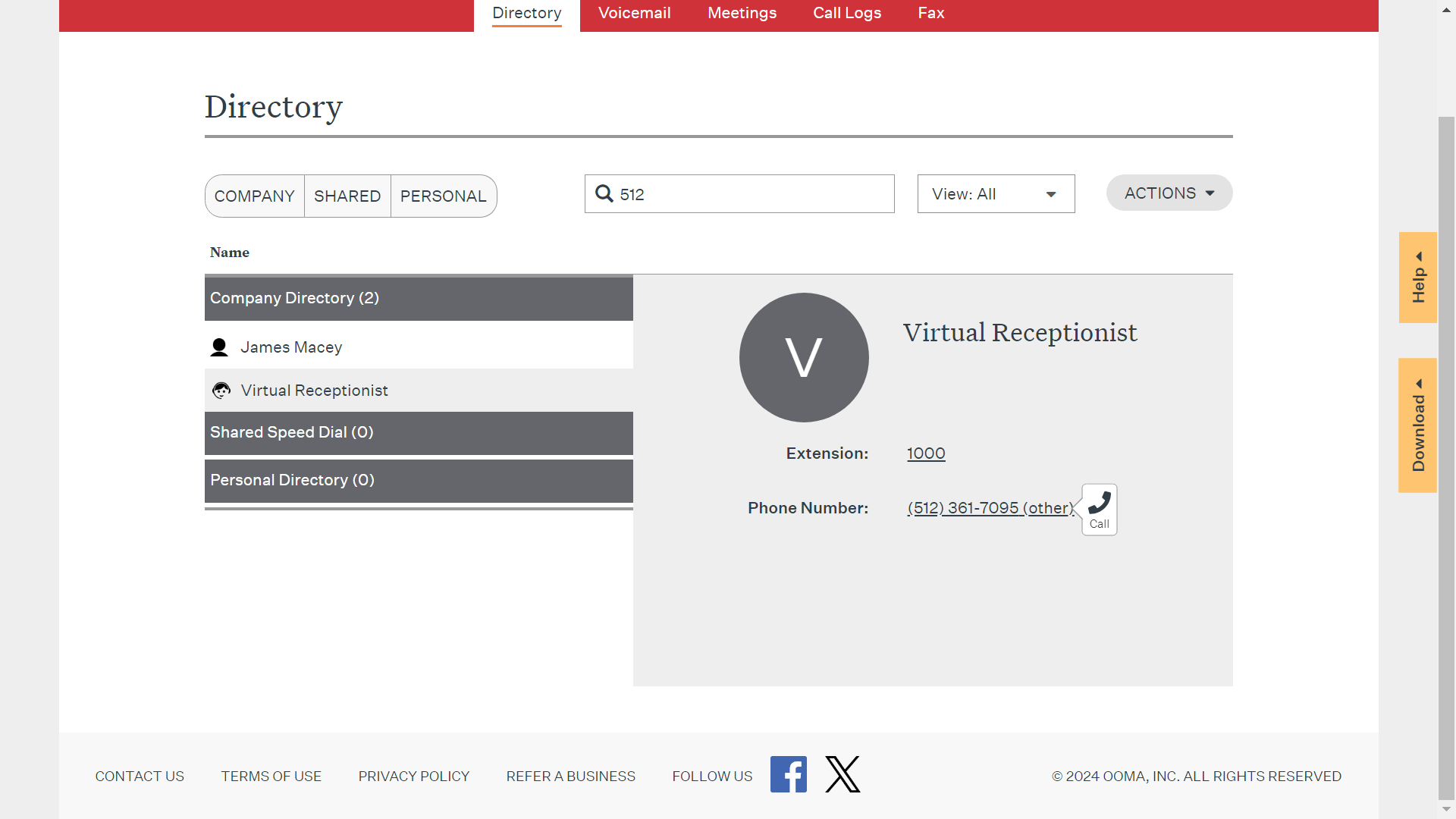 The directory interface in Ooma Office. Source: Tech.co testing