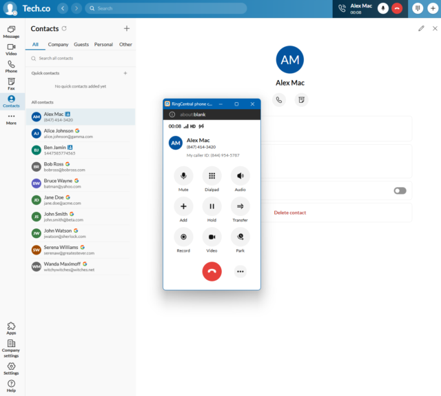 RingCentral's call pop-up appears on your screen when you're receiving an incoming call