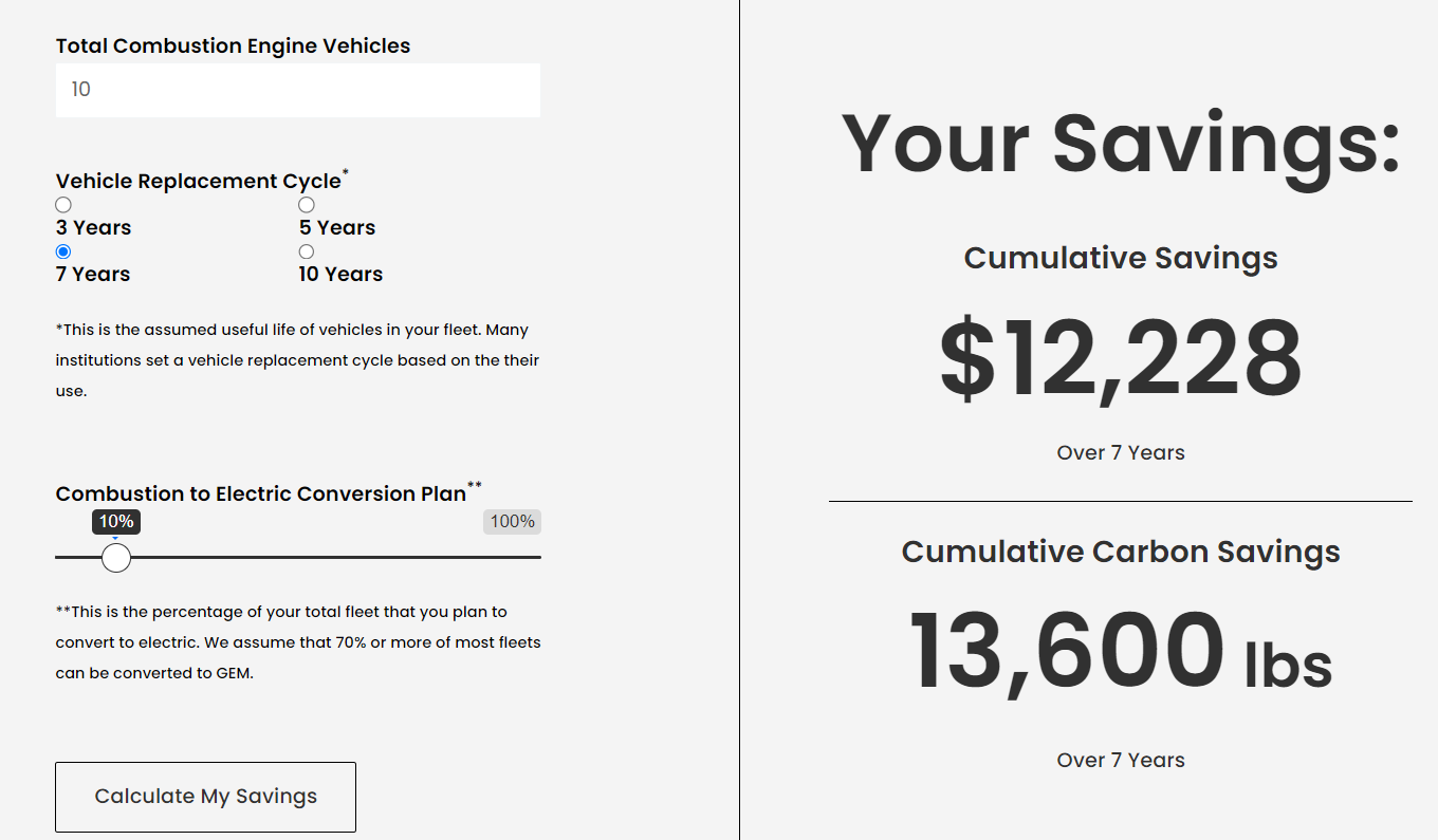 Screenshots displaying EV transition cost savings