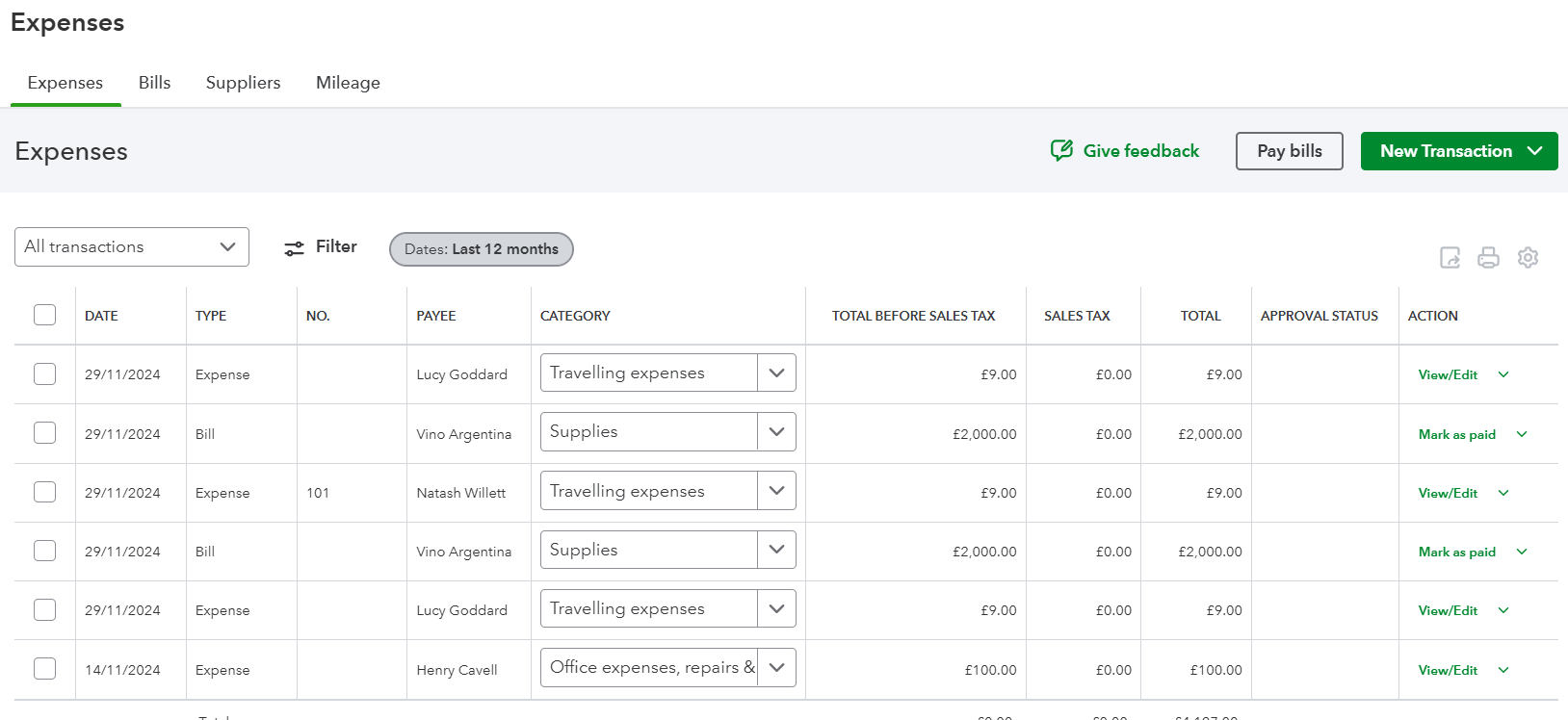 Screenshot of QuickBooks expense management features. Source: Tech.co testing
