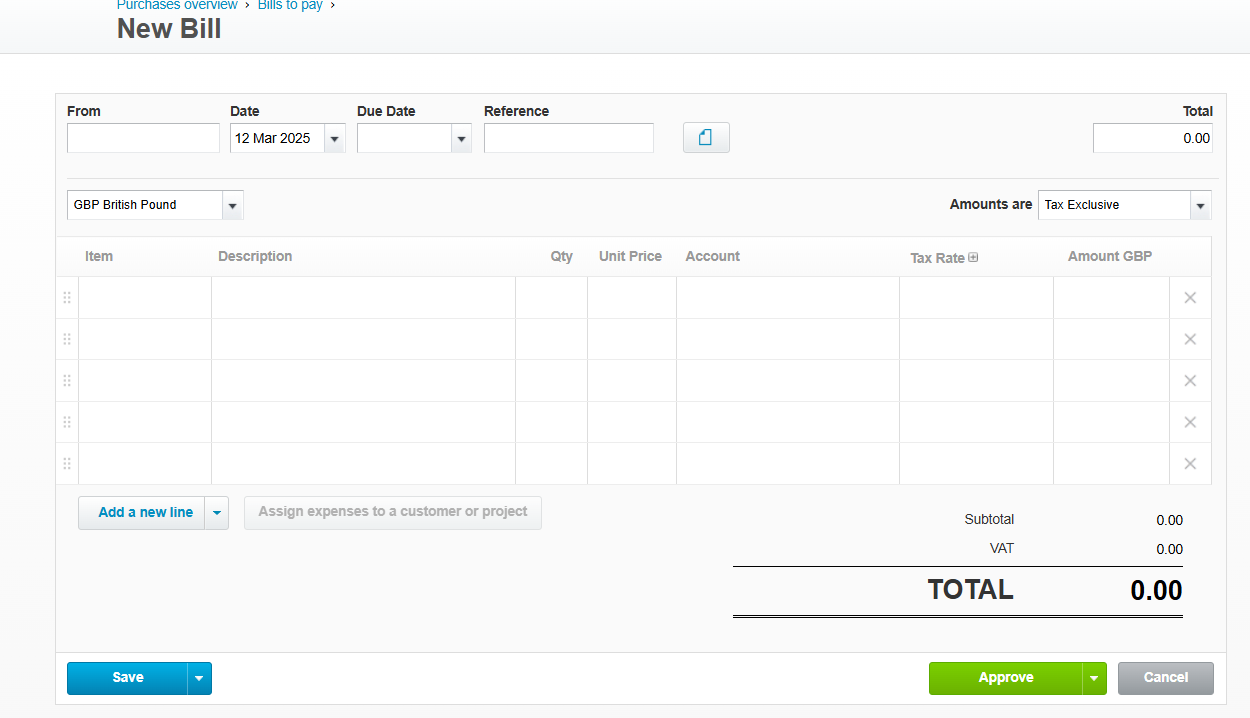 Screenshot of Xero bills template