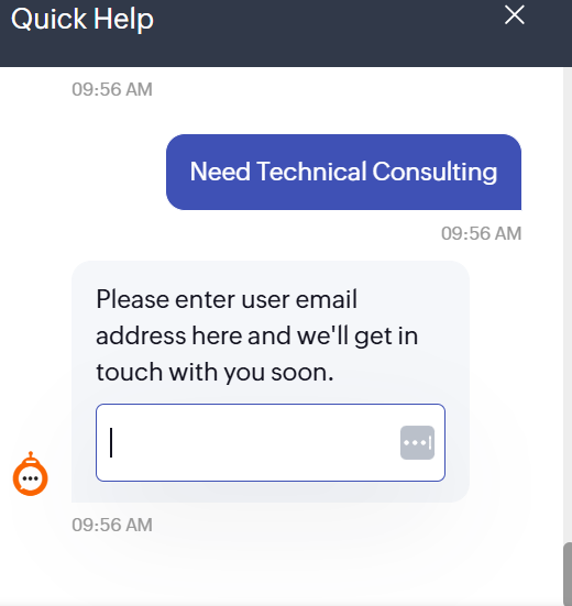 Screenshot of Zoho CRM chatbot. Source: Tech.co testing