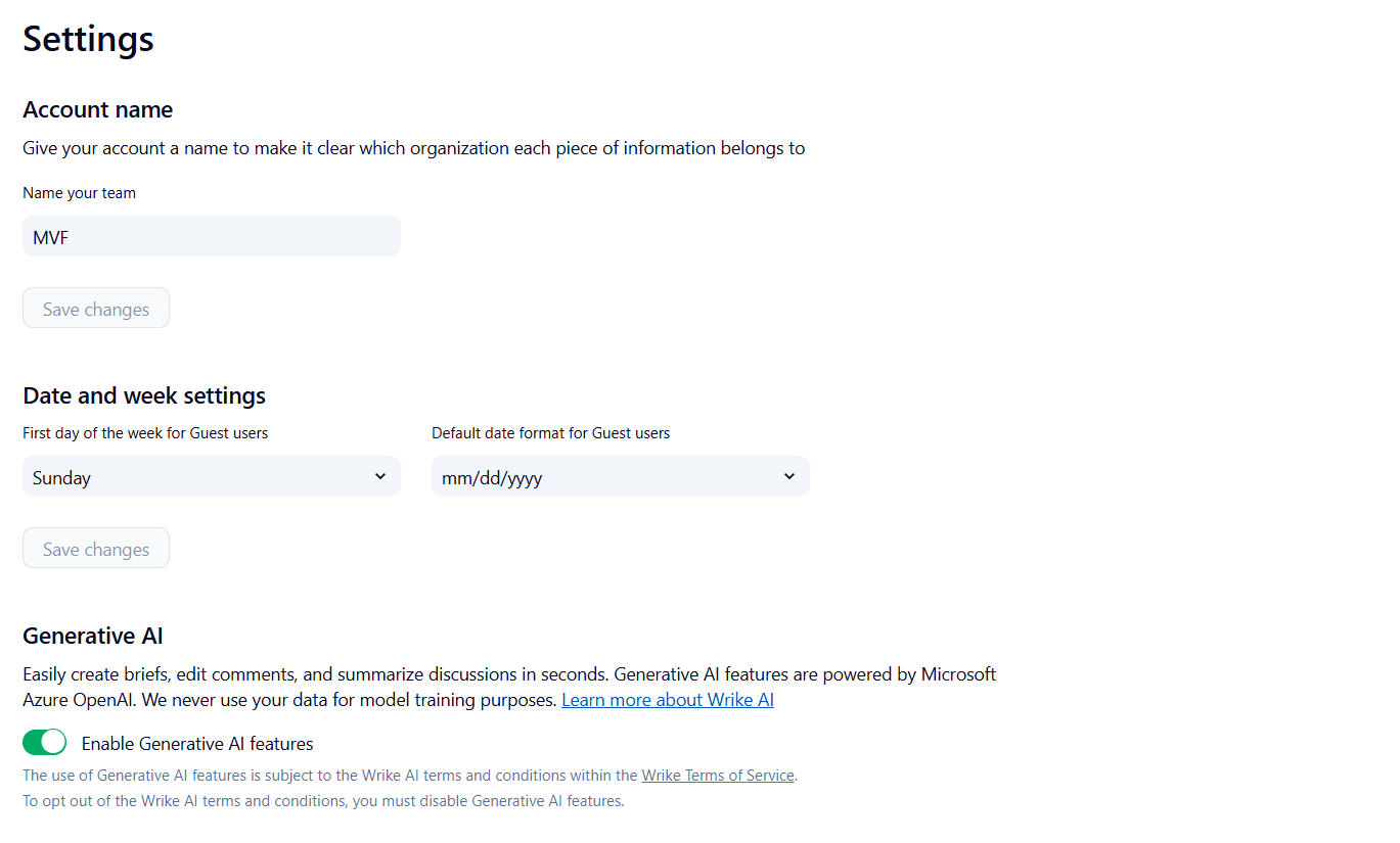 Screenshot of Wrike "settings." Source: Tech.co testing