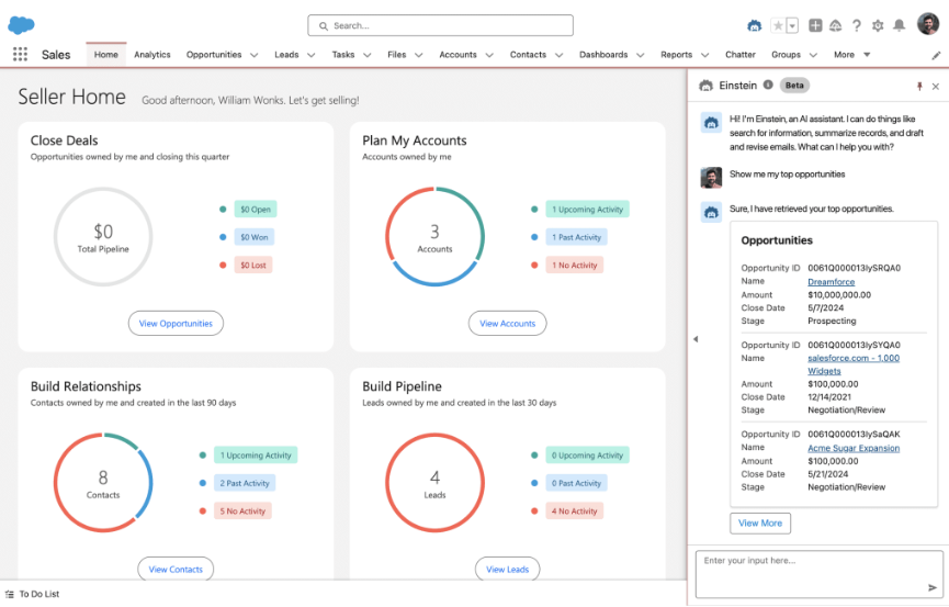 Salesforce Einstein AI helps user view their top sales priorities without leaving their Home dashboard