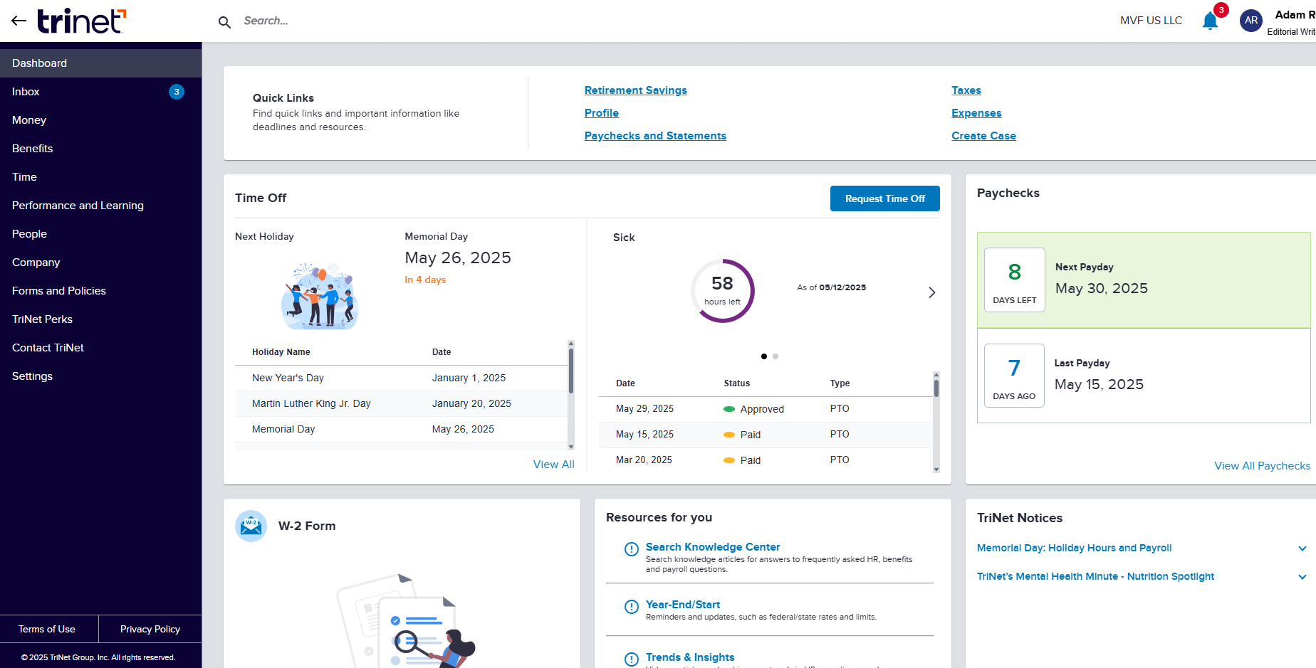 Trinet homepage