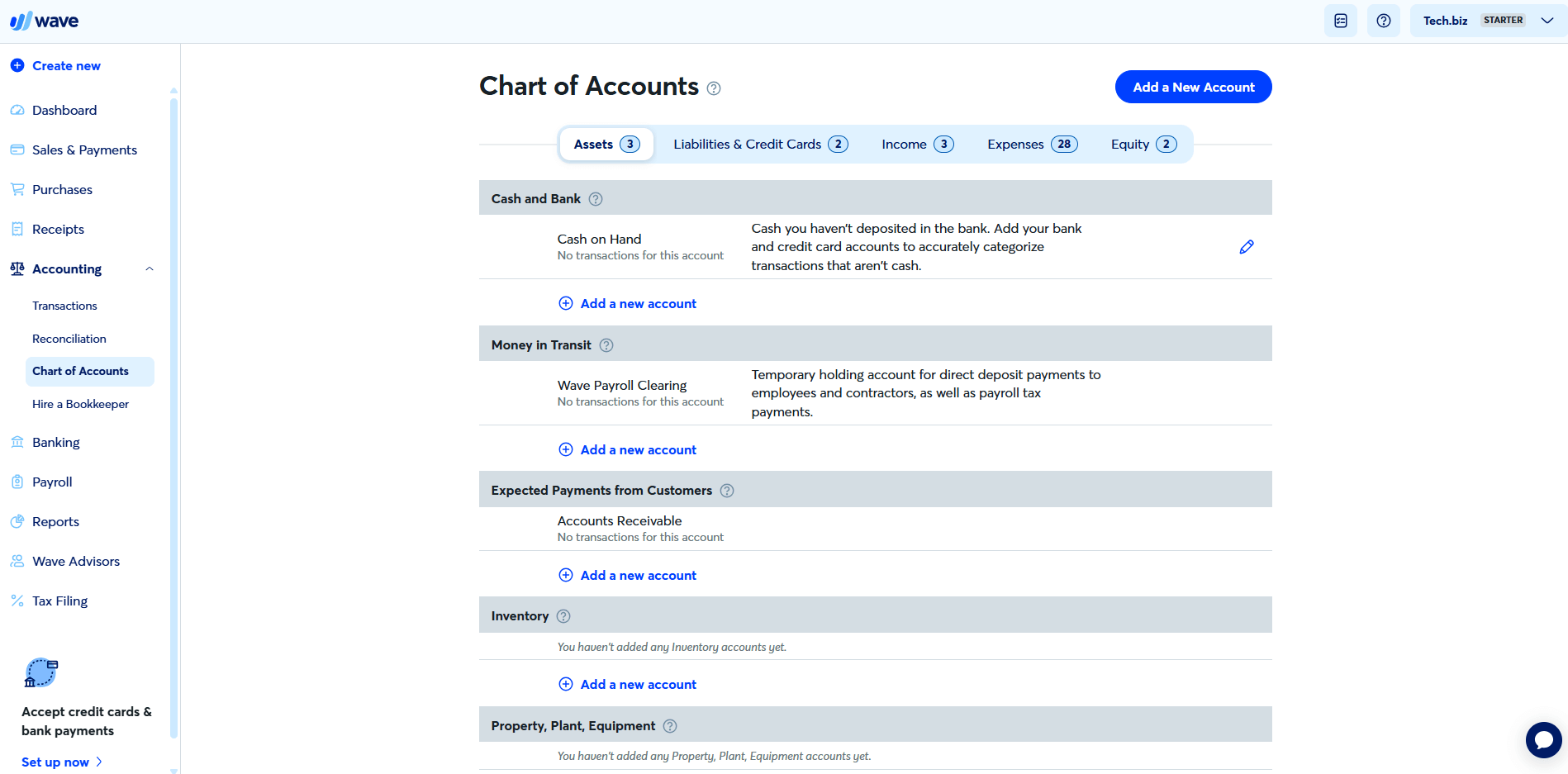 Wave Accounting: Chart of accounts