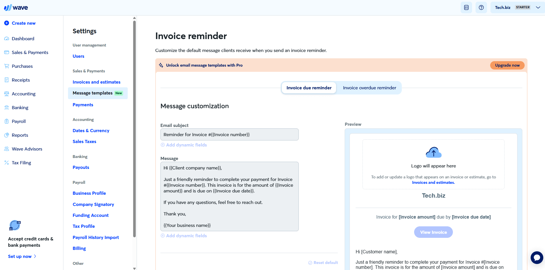 Wave Accounting invoice reminder