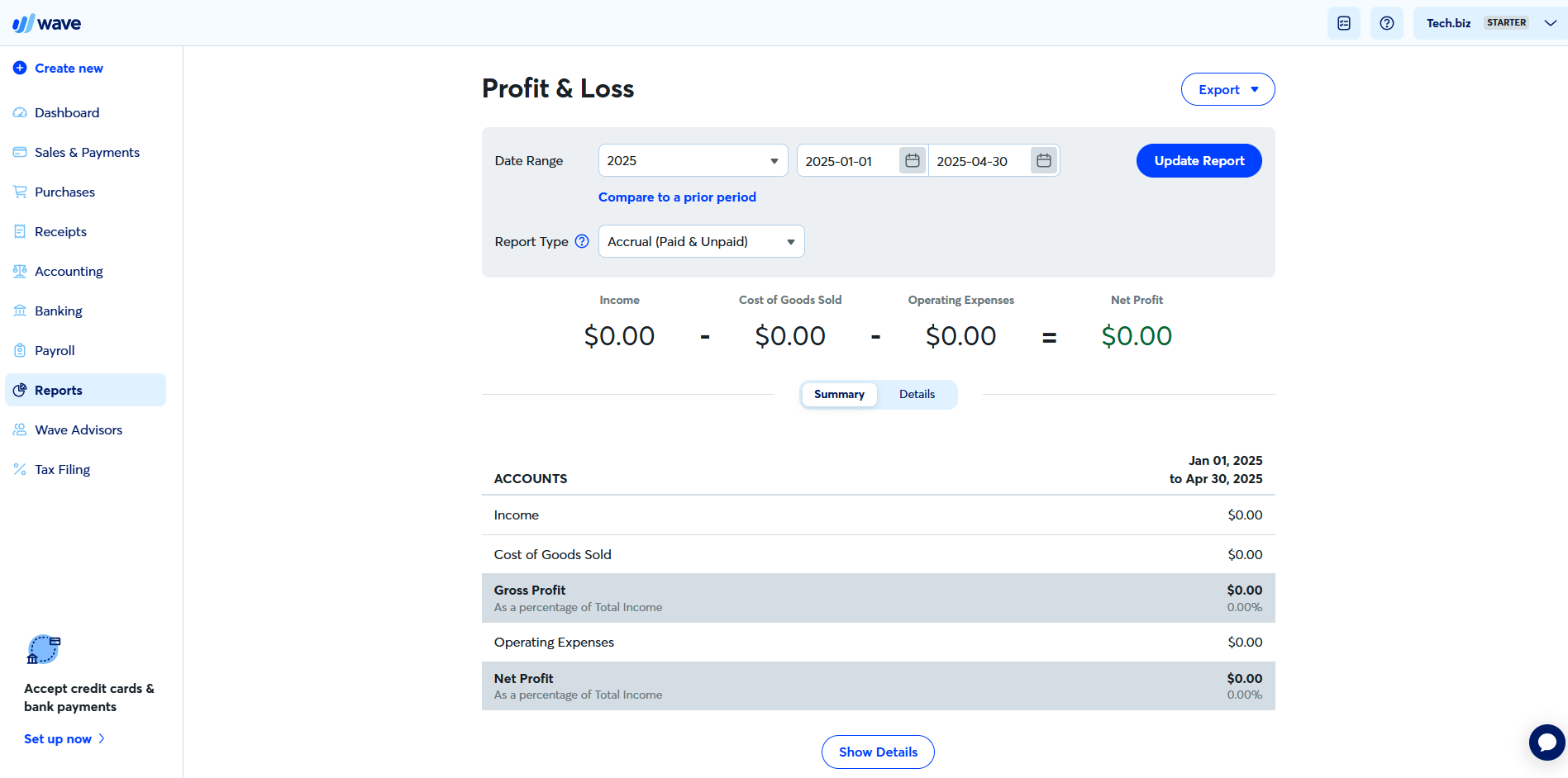 Wave Accounting: Profit and Loss report