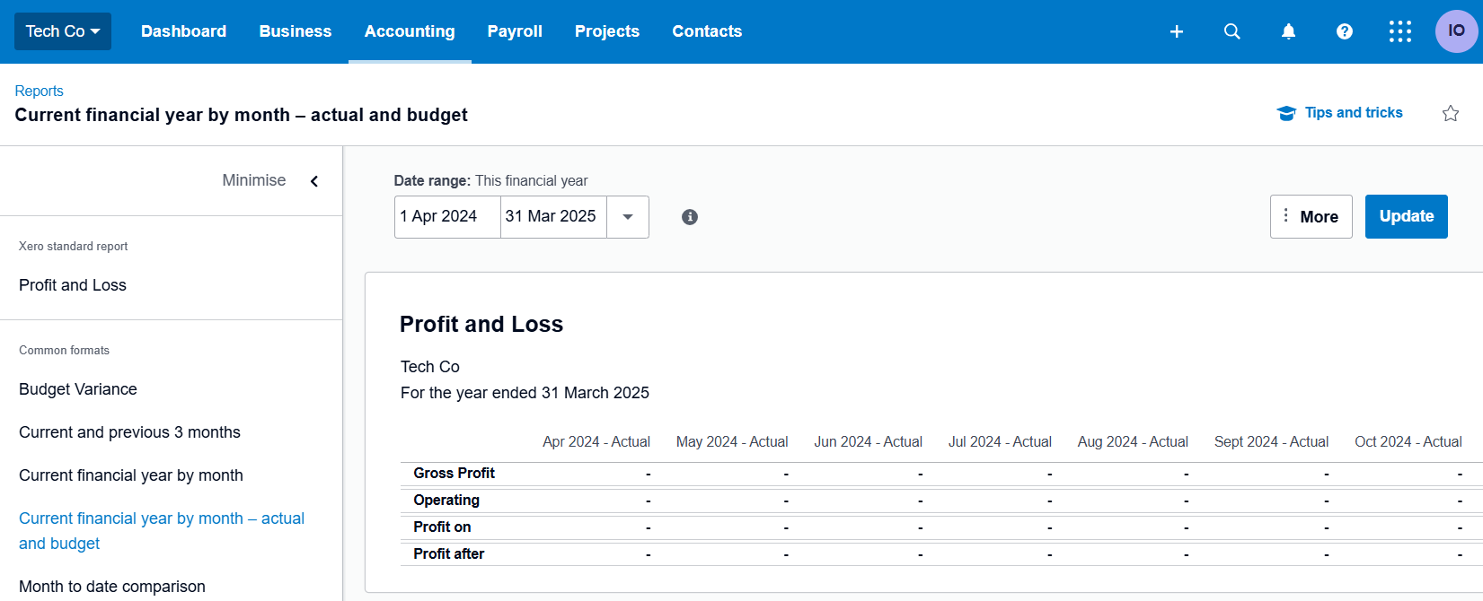Xero's profit and loss features