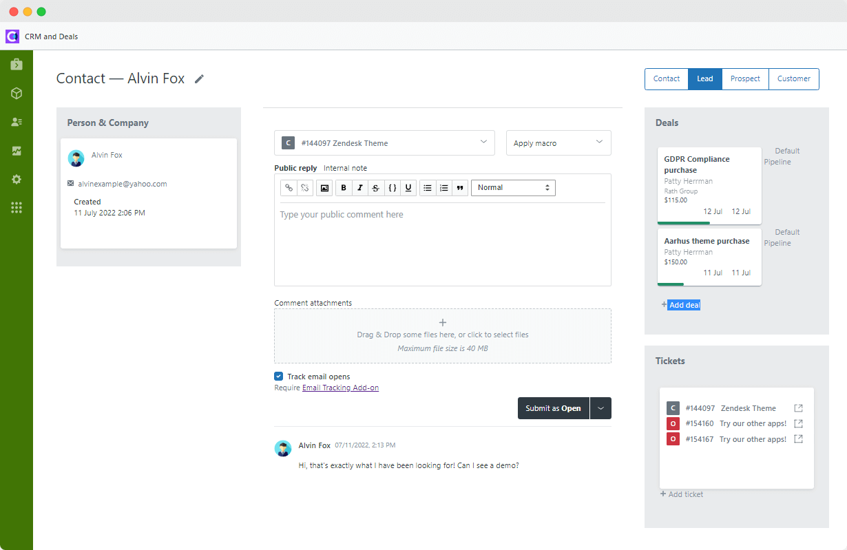 Zendesk CRM: leads profile