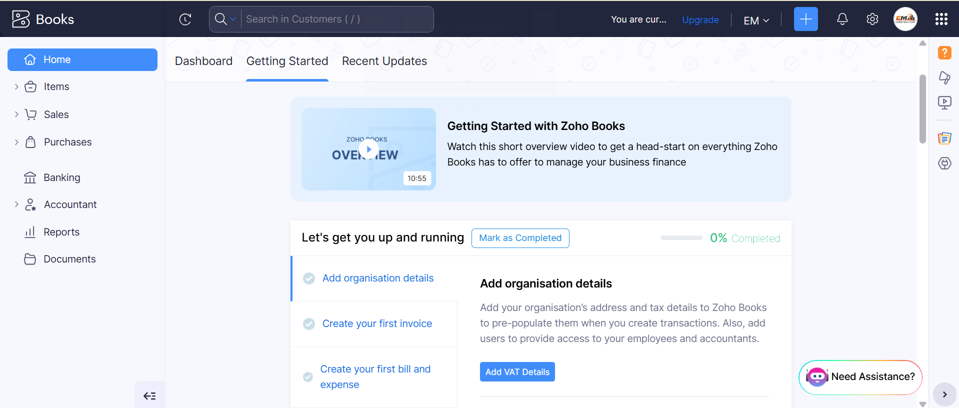 Screenshot of Zoho Books dashboard. Source: Tech.co testing