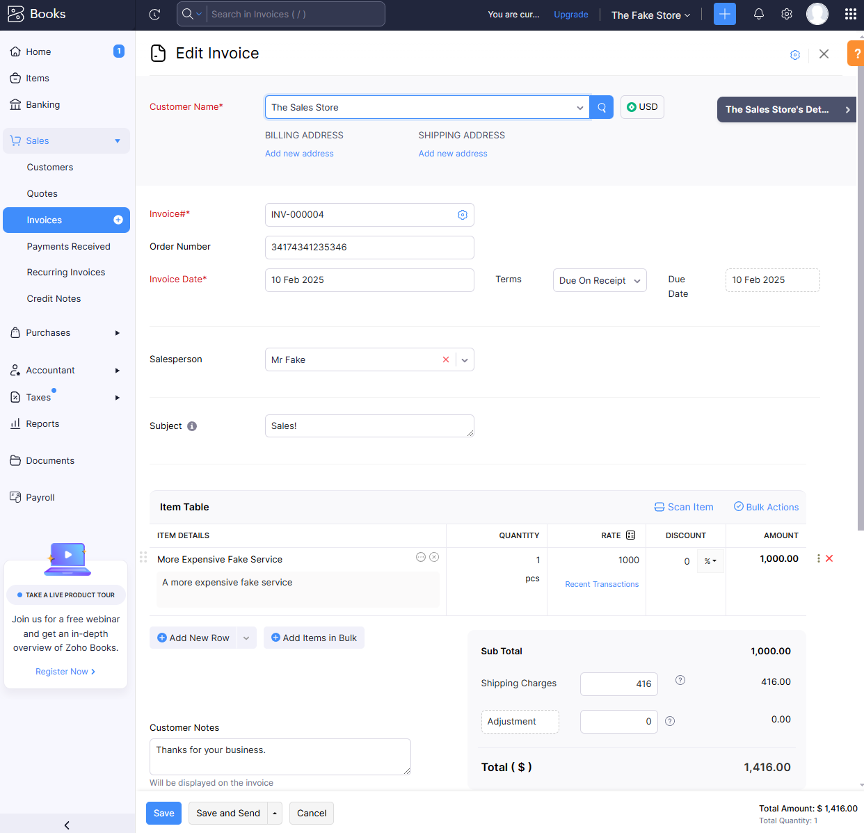 Editing an invoice was easy for our team, with clear indicators for all sections and a simple, intuitive layout. Source: Tech.co testing