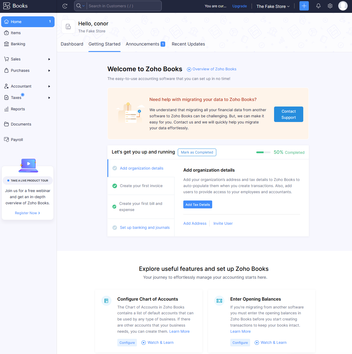 The setup process for Zoho Books was simple, providing us with a step-by-step guide to tackle the basics. Source: Tech.co testing