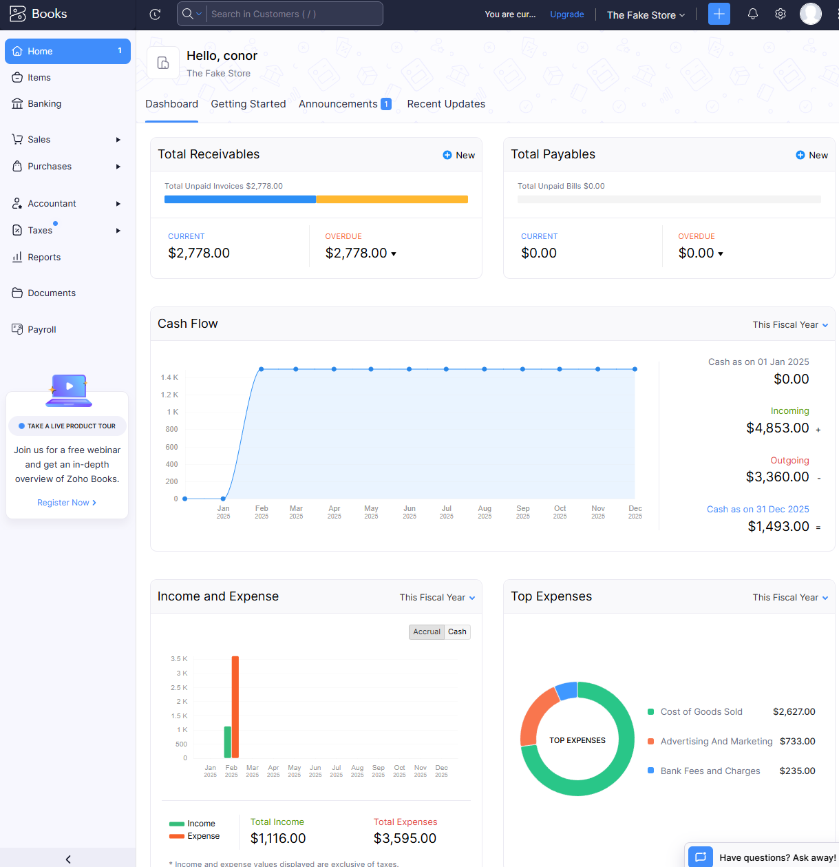 The home dashboard from Zoho Books provided us with lots of valuable data to keep us informed. Source: Tech.co testing