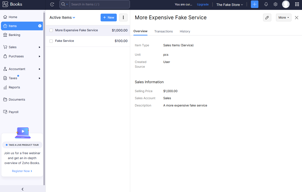 Zoho Books allowed us to track inventory directly in the platform. Source: Tech.co testing