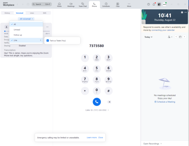 The voicemail interface in Zoom Phone. Source: Tech.co testing